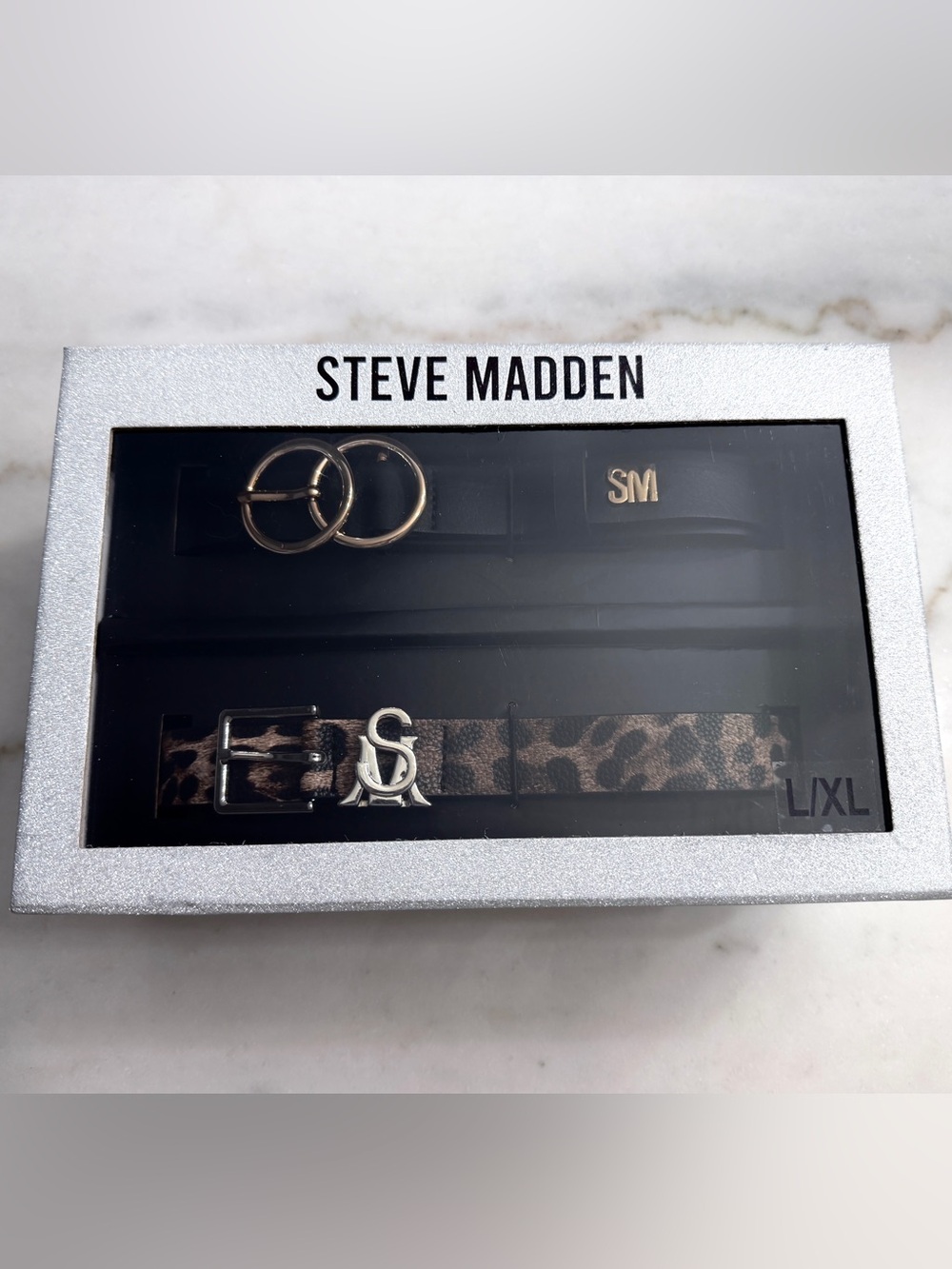 NEW IN BOX Steve Madden leopard print/black belt box set of 2 size large/XL